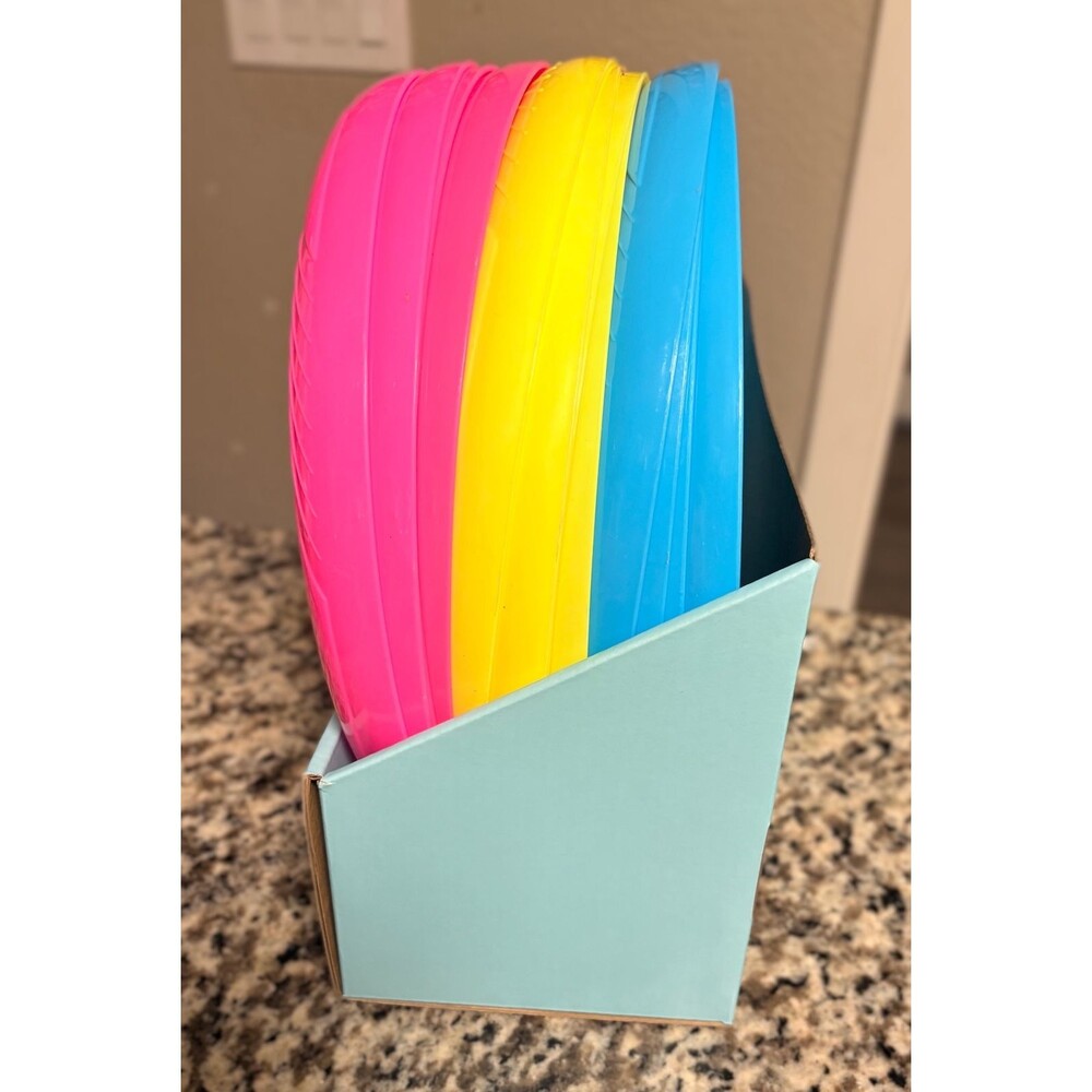 Box of 12 Frisbees NEW 9 inch Pink Yellow Blue